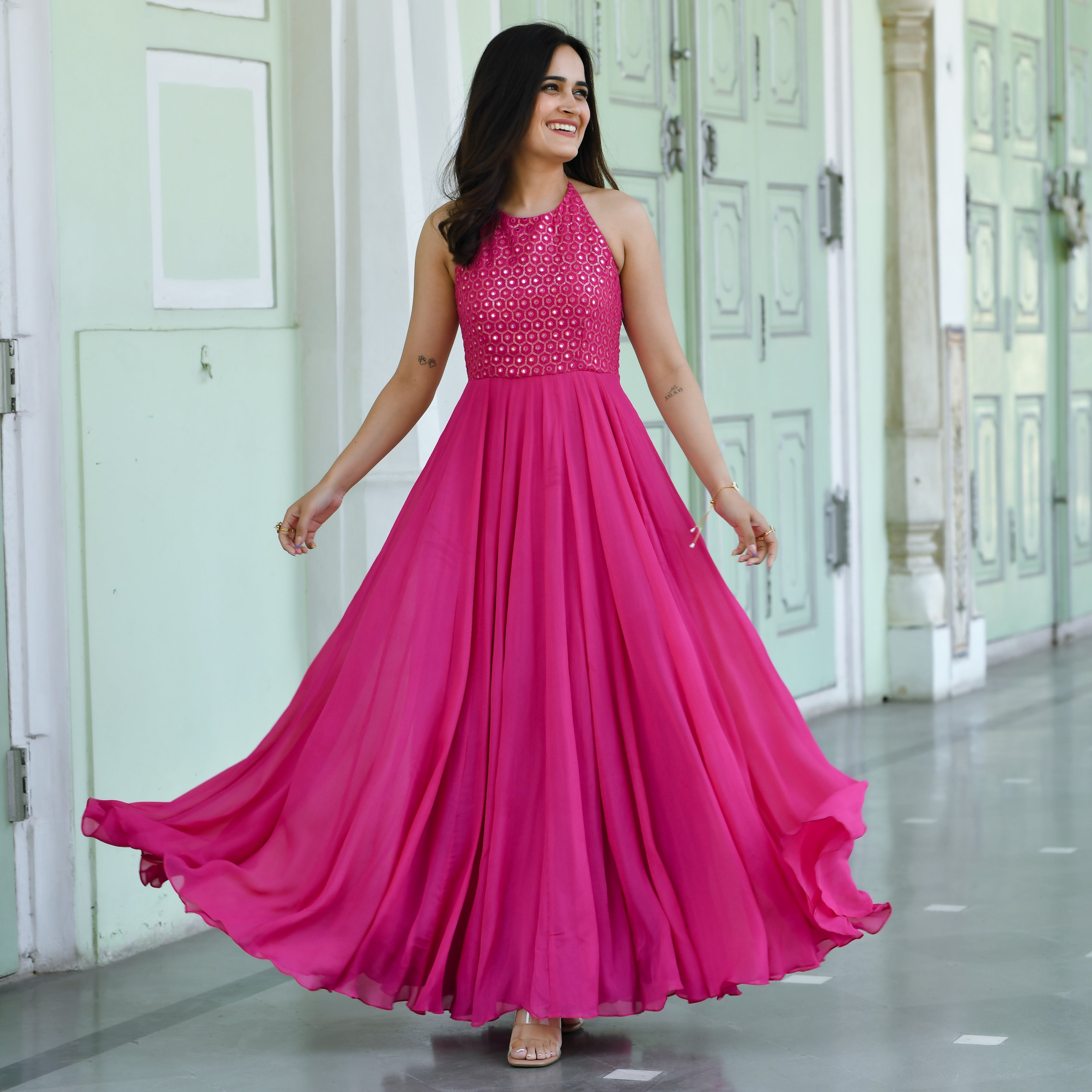 Charming Long Pink V-Neck Glitter Sleeveless Prom Dresses Long Slit On –  Ballbella